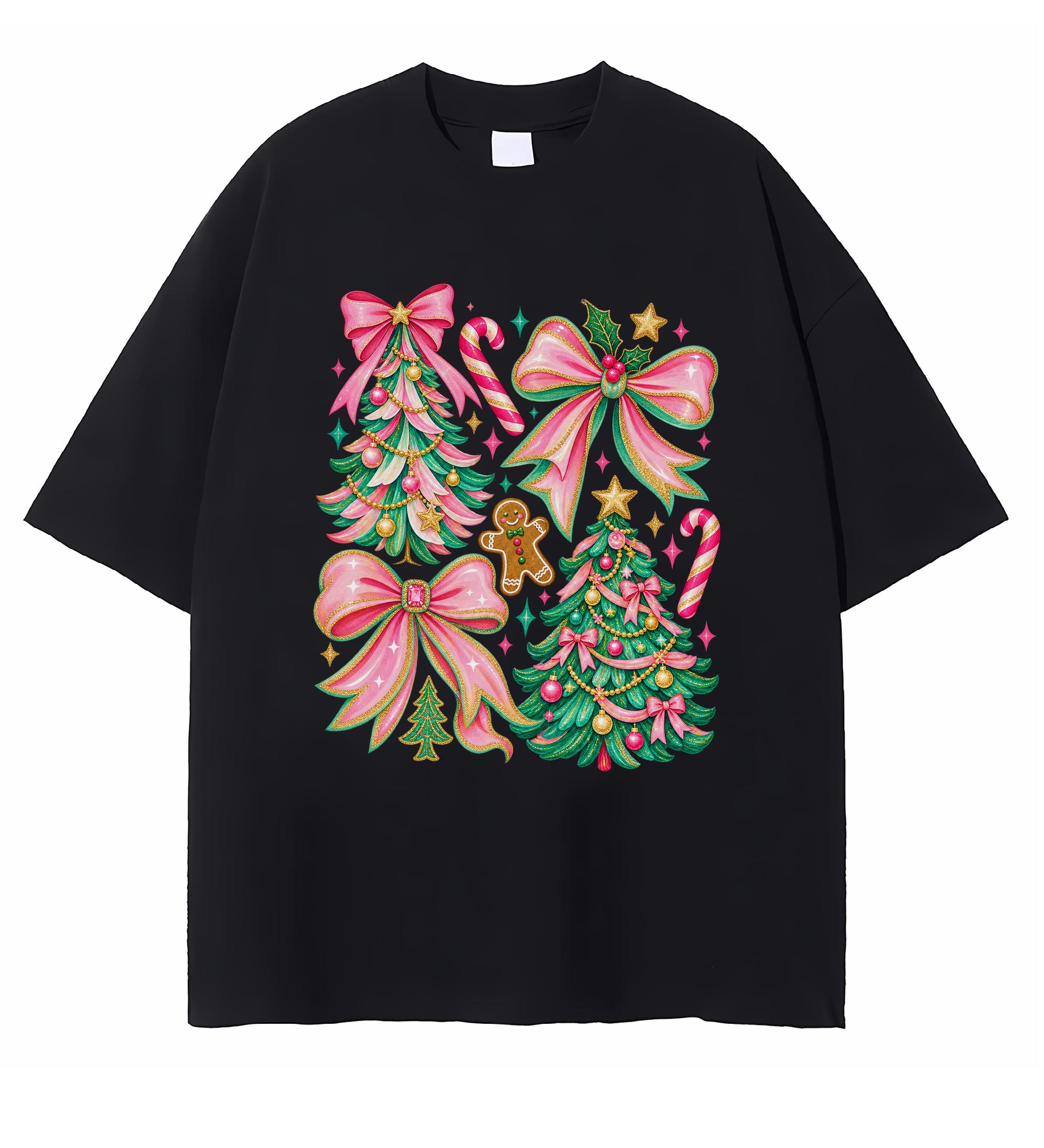 Coquette Christmas T-shirt Pink Bow Christmas Tree Gingerbread Candy Cane Graphic Cute Holiday Gift For Women
