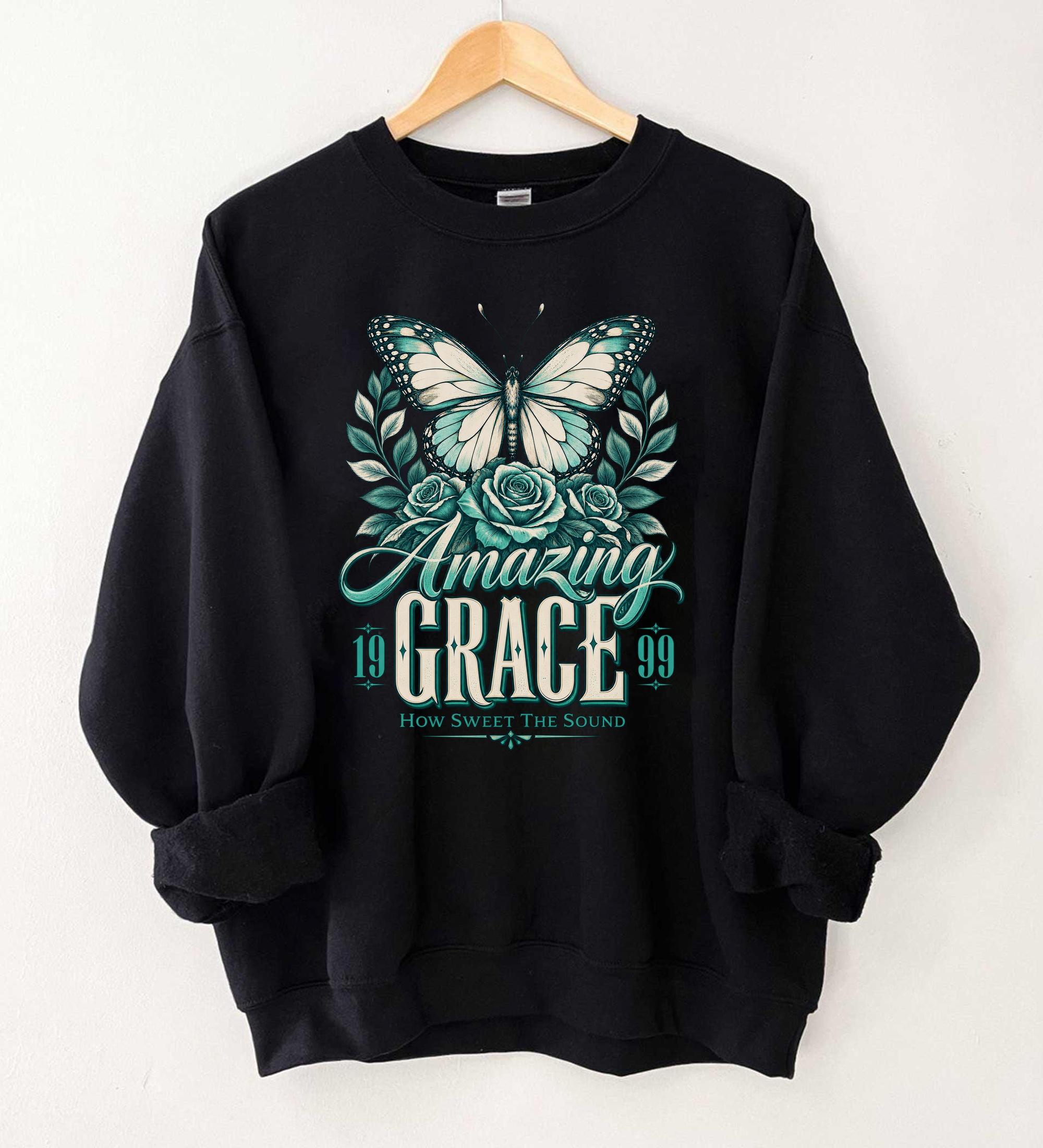Amazing Grace Christian Sweatshirt Butterfly Floral Faith Graphic Vintage Inspirational Religious Gift