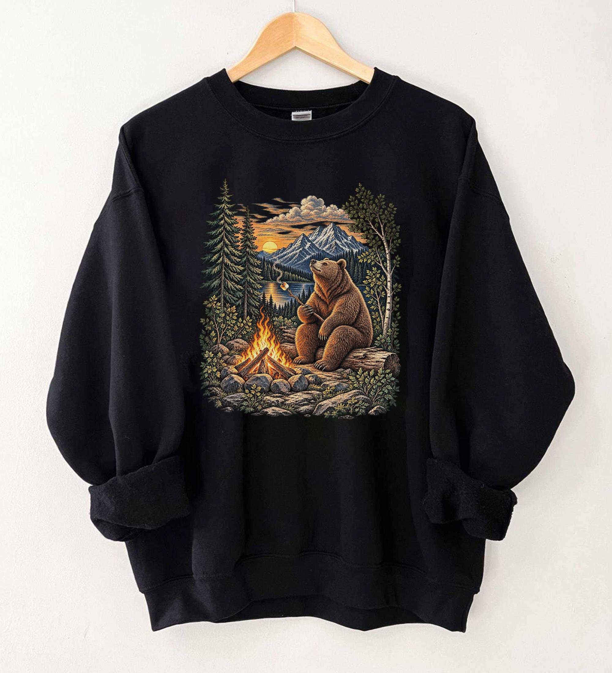 Bear Campfire Sweatshirt Retro Woodland Mountain Camping Graphic Cottagecore Marshmallow Nature Lover Gift