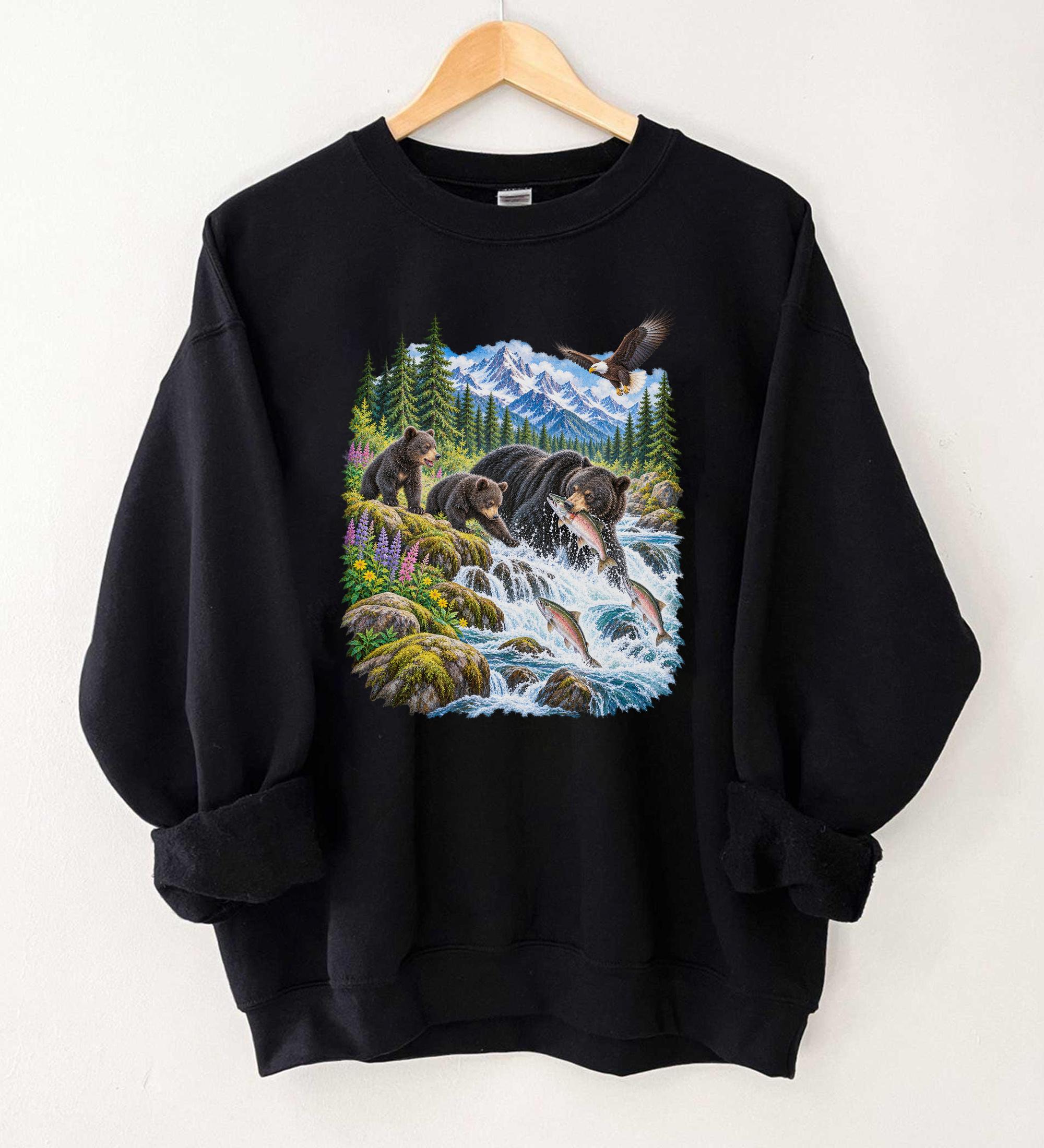 Black Bear Family Fishing Sweatshirt Mama Bear Cubs Bald Eagle Mountain River Graphic Alaska Wildlife Nature Gift