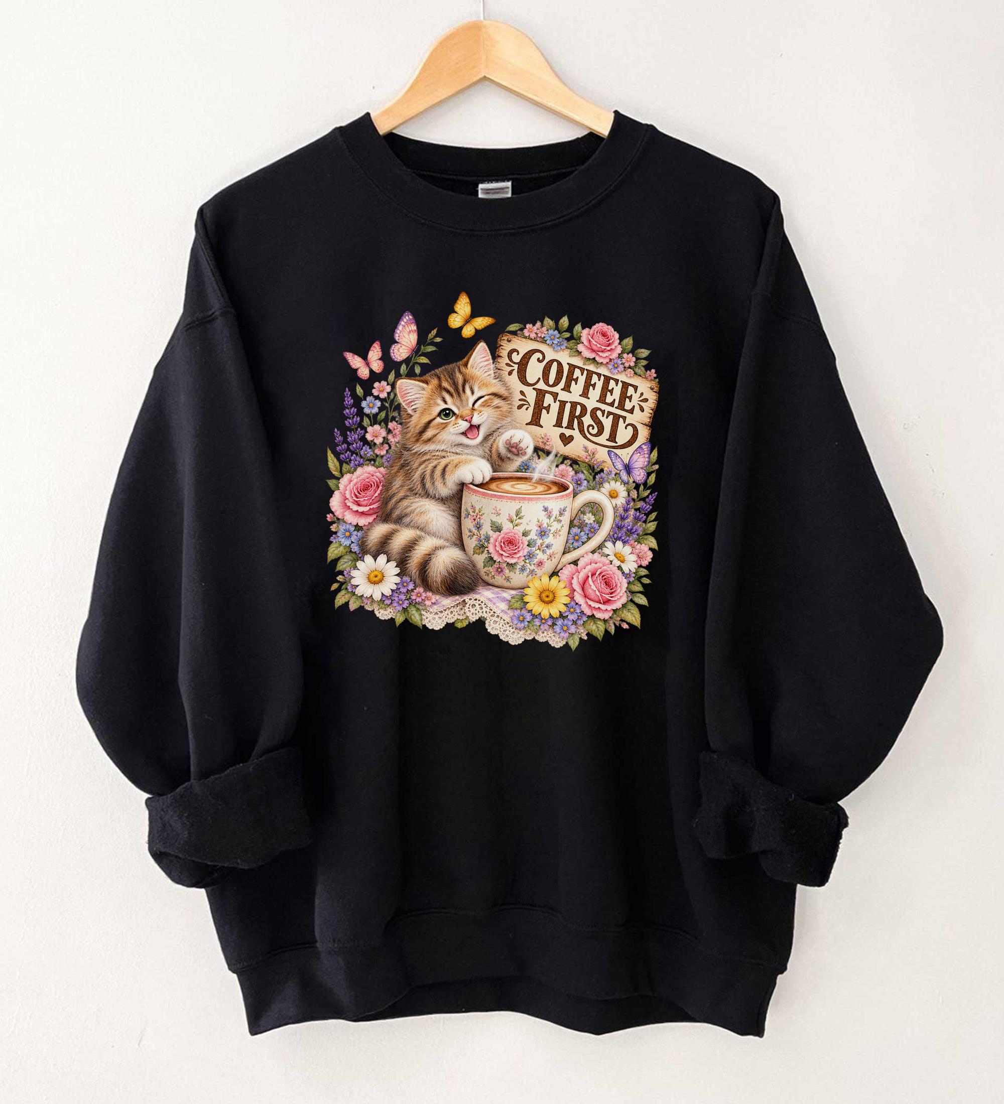 Coffee First Cat Sweatshirt Watercolor Kitten Wildflower Floral Graphic Cottagecore Coffee Lover Cat Mom Gift